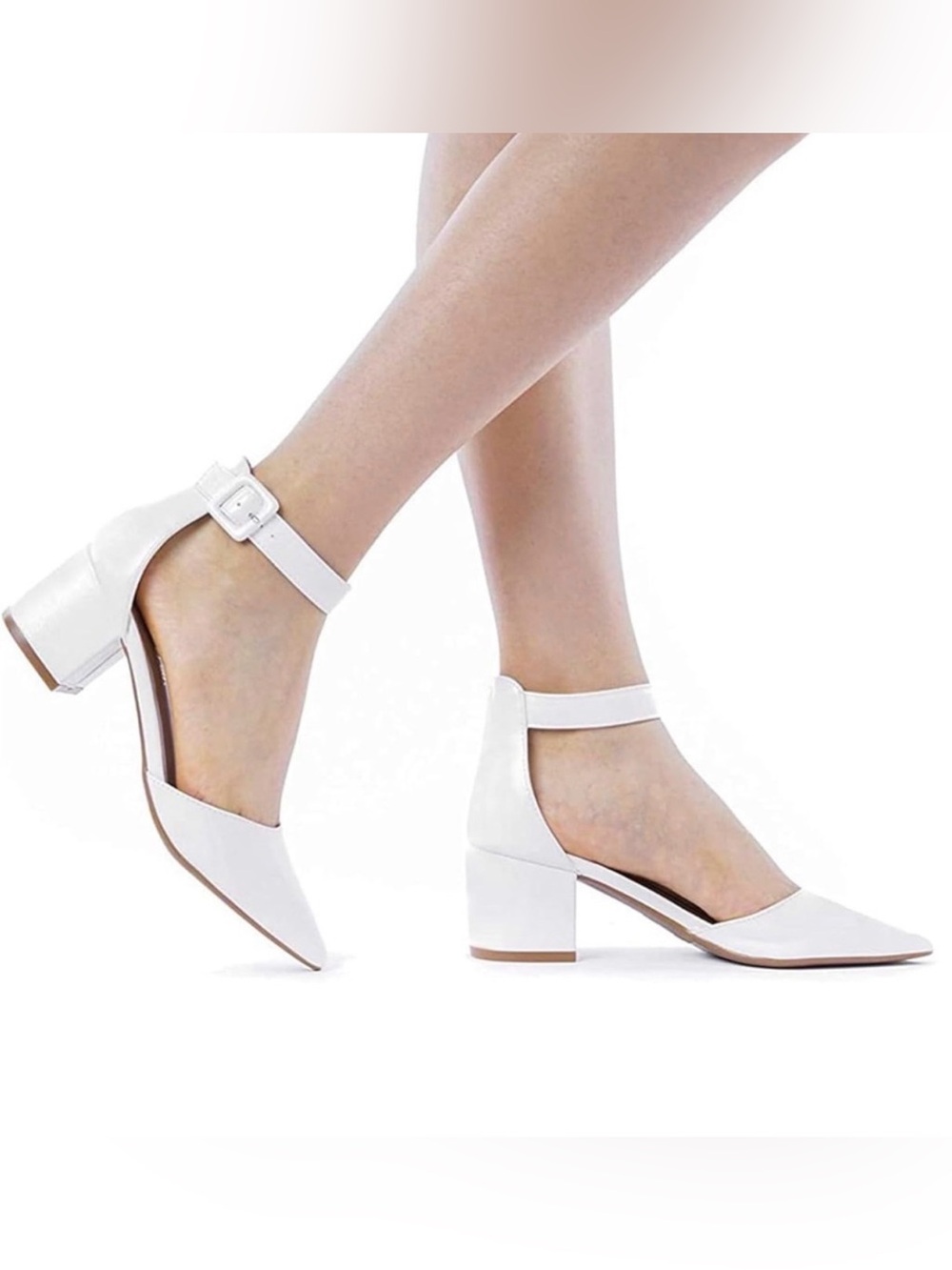 Classic White Ankle-Strap Block Heel Pumps